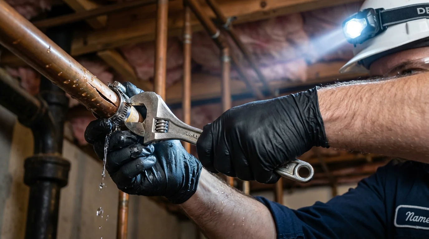 Emergency pipe clamp repair being performed by a Johns Plumbing LLC plumber in Cottage Grove