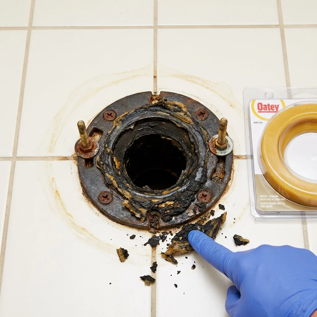 Failed wax ring showing water seepage at the base of a toilet in a Cottage Grove, MN home