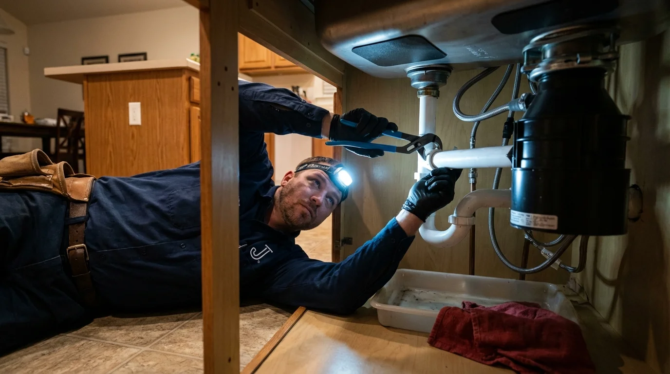 P-trap and supply line connections under a kitchen sink showing a common leak point in Cottage Grove, MN